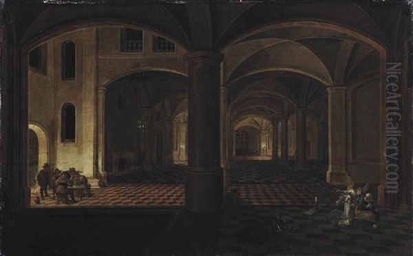 A Grand Interior By Night With Men Playing Cards And The Summoning Of Saint Peter Oil Painting by Peeter Neeffs the Younger