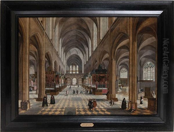 Interieur De La Cathedrale D'anvers Anime D'une Messe, De Soeurs, De Personnages Nobles, De Mendiants Et D'autels Oil Painting by Peeter Neeffs the Younger