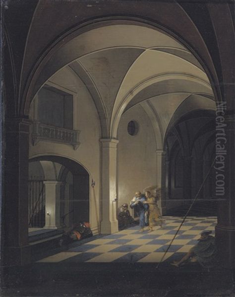 Interior Of A Prison With Sleeping Guards, St. Peter Beyond And Interior Of A Prison With Saint Peter Fleeing With The Angel (pair) Oil Painting by Peeter Neeffs the Younger