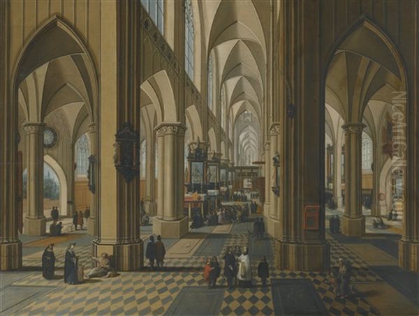 Interior Of A Gothic Church With Figures Attending Mass Oil Painting by Peeter Neeffs the Younger