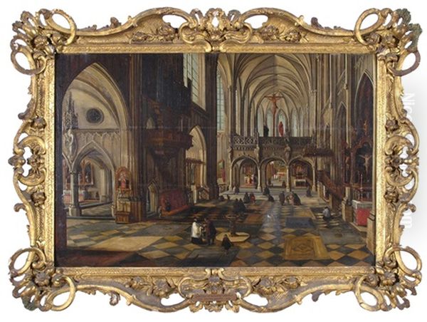 Interior Of Antwerp Cathedral With Figures At Prayer And Visiting Oil Painting by Peeter Neeffs the Younger