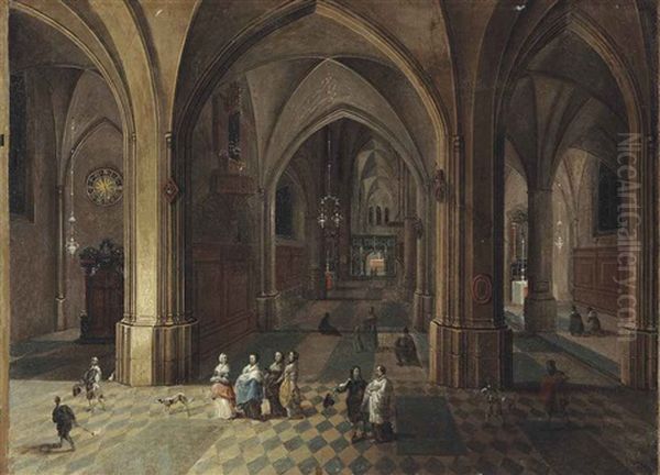 Interior Of A Gothic Church With Elegant Figures And A Dog In The Foreground Oil Painting by Peeter Neeffs the Younger