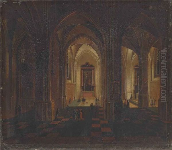 An Interior Of A Gothic Church With Elegant Figures Conversing by Peeter Neeffs the Younger