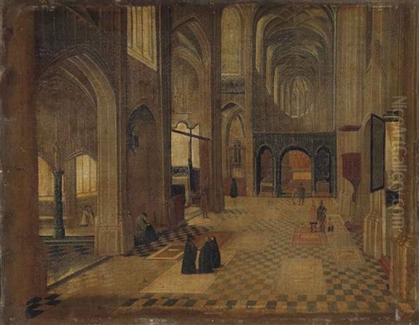 An Interior Of A Gothic Church With Figures Conversing In The Nave Oil Painting by Peeter Neeffs the Younger