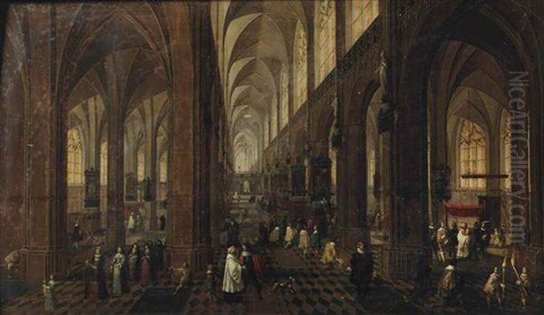 The Interior Of The Onze-lieve-vrouwe-kerk In Antwerp With Elegant Figures Conversing Oil Painting by Peeter Neeffs the Younger