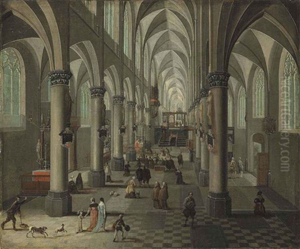 Interior Of A Gothic Church With Elegant Figures And Dogs In The Foreground And A Mass Beyond Oil Painting by Peeter Neeffs the Younger