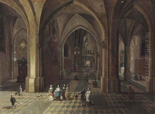 Interior Of A Gothic Church With Elegant Figures And A Dog In The Foreground Oil Painting by Peeter Neeffs the Younger