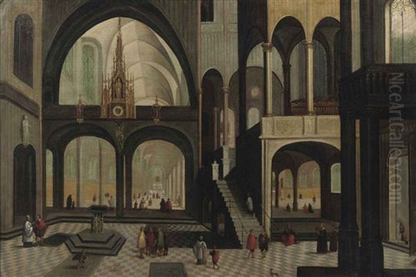 The Interior Of A Gothic Church With Elegant Figures Conversing Oil Painting by Peeter Neeffs the Younger