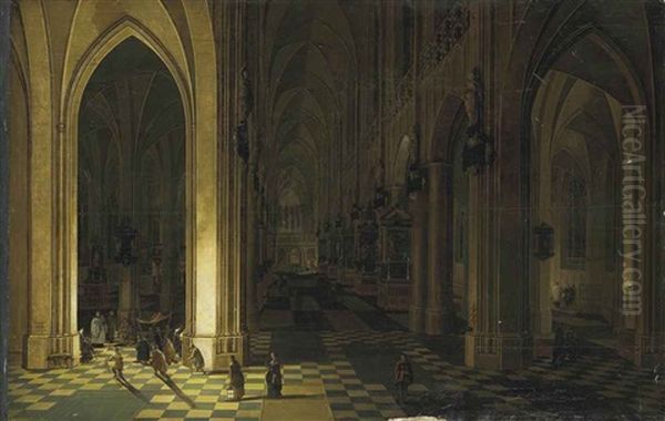 Interior Of A Cathedral By Candlelight Oil Painting by Peeter Neeffs the Younger