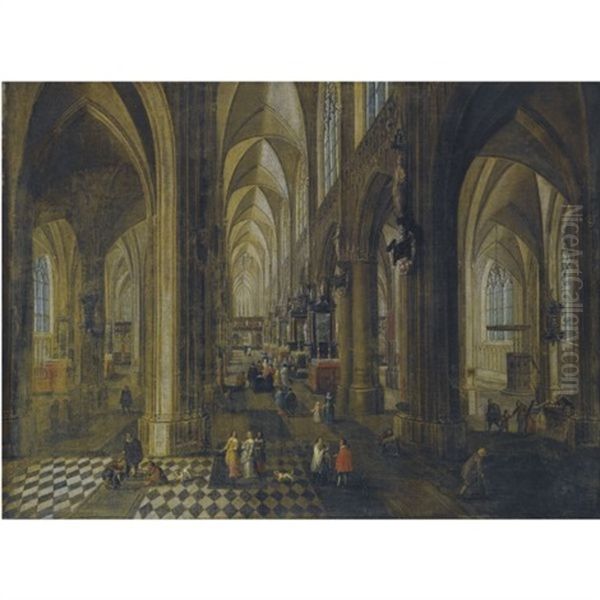 A Capriccio Of The Antwerp Cathedral Interior With Elegantly Dressed Figures Oil Painting by Peeter Neeffs the Younger