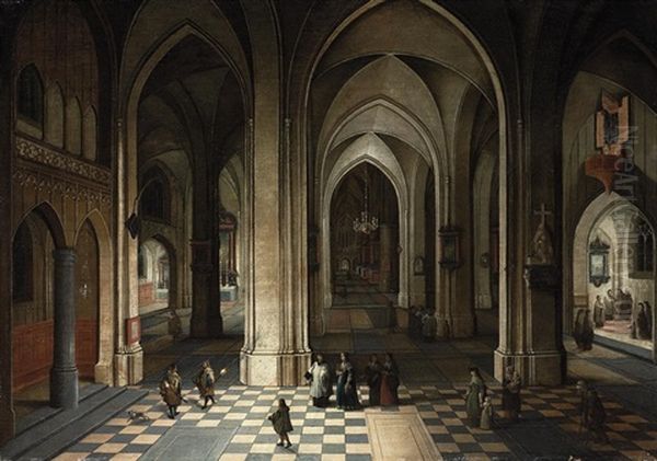 The Interior Of A Cathedral At Night, With Elegant Figures Attending A Mass Oil Painting by Peeter Neeffs the Younger