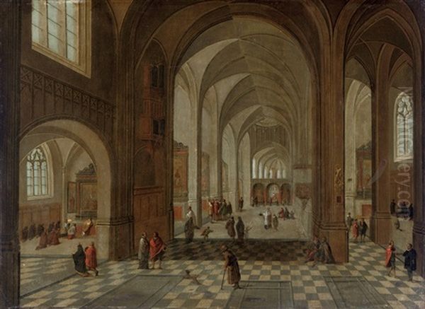 An Interior Of A Gothic Church With Elegant Figures Conversing Oil Painting by Peeter Neeffs the Younger