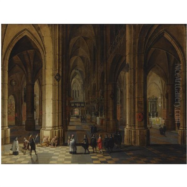 A Church Interior Of The Cathedral Of Antwerp With A Procession In The Foreground And Beggars Seated To The Left Oil Painting by Peeter Neeffs the Younger