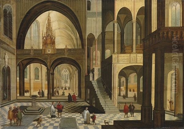 The Interior Of A Gothic Church With A Carved Roodscreen Oil Painting by Peeter Neeffs the Younger