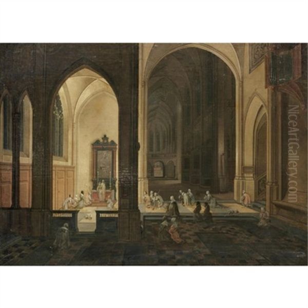 The Interior Of A Gothic Church By Night, With A Priest Conducting A Service In A Side Chapel Oil Painting by Peeter Neeffs the Younger