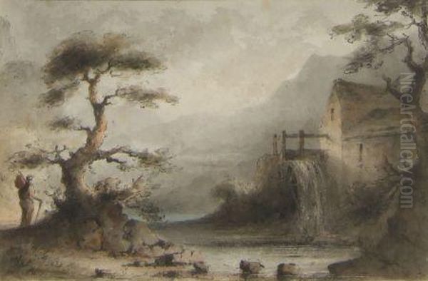 Traveller In Landscape By An Oldwatermill Oil Painting by Edward Bird