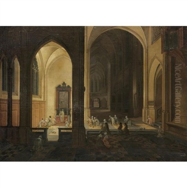 The Interior Of A Gothic Church By Night, With A Priest Conducting A Service In A Side Chapel Oil Painting by Peeter Neeffs the Younger