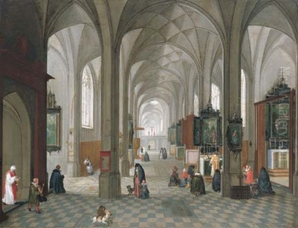 An Interior Of A Catholic Church With A Priest Celebrating Mass Oil Painting by Peeter Neeffs the Younger