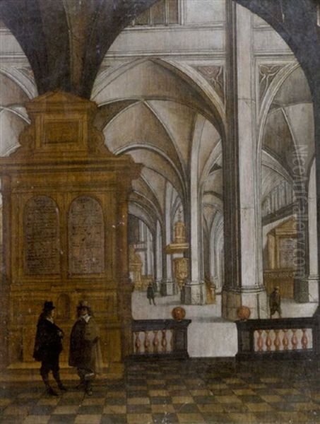 The Interior Of A Gothic Church With Two Gentlemen Conversing In The Foreground by Peeter Neeffs the Younger