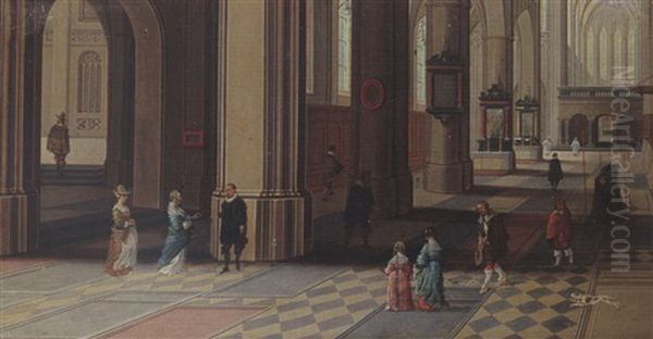 A Church Interior With Elegant Figures And A Dog In The Foreground Oil Painting by Peeter Neeffs the Younger