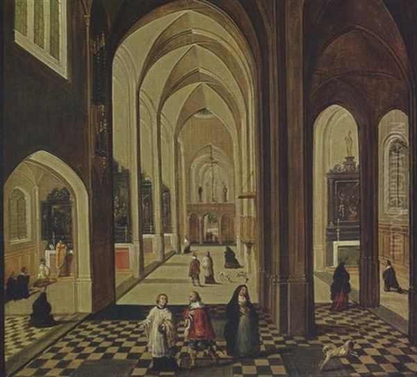 A Church Interior With Figures Attending Mass, And A Priest And Other Figures Conversing In The Foreground Oil Painting by Peeter Neeffs the Younger