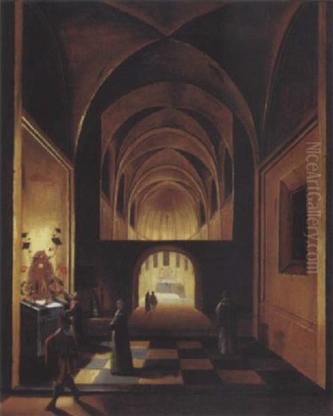 The Interior Of A Church By Night, With Elegant Company And Priests At A Decorated Altar In A Side Chapel Oil Painting by Peeter Neeffs the Younger