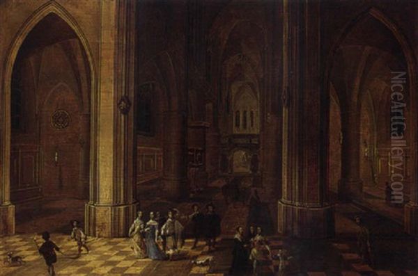 The Interior Of A Gothic Church By Night With Elegant Company And Torchbearers In The Foreground Oil Painting by Peeter Neeffs the Younger