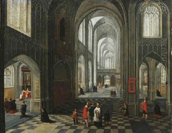 The Interior Of A Gothic Church Looking East, With Elegant Townsfolk And A Priest Conversing In The Aisle Oil Painting by Peeter Neeffs the Younger