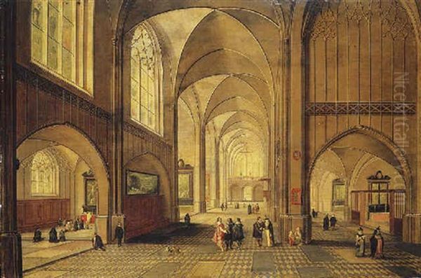 The Interior Of A Cathedral With Elegant Company, A Service In Progress In A Side Chapel Oil Painting by Peeter Neeffs the Younger