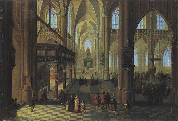 The Interior Of A Cathedral With Figures Attending A Sermon Oil Painting by Peeter Neeffs the Younger