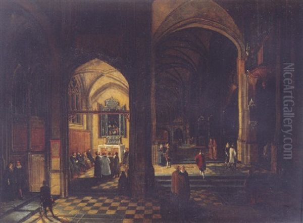 A View In A Gothic Church With A Mass Being Celebrated In A Chapel Oil Painting by Peeter Neeffs the Younger