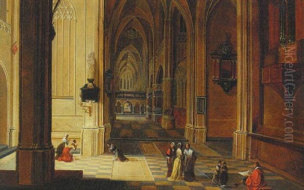 The Interior Of A Gothic Church With An Artist Sketching In The Nave Oil Painting by Peeter Neeffs the Younger