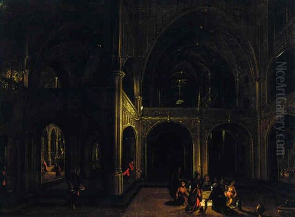 A Courtyard Of A Palace At Night With Revellers Feasting By Candlelight Oil Painting by Peeter Neeffs the Younger