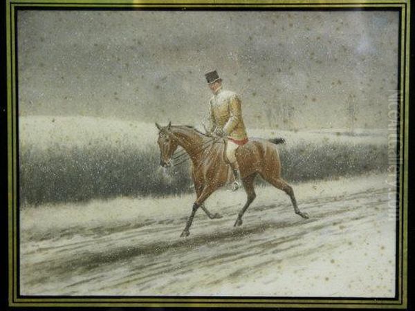 Trotting Home In The Snow, An Equestrian Study Oil Painting by H Bird