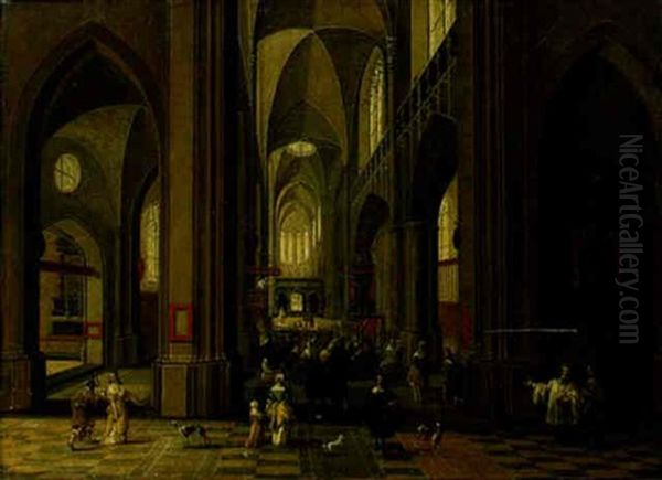 The Interior Of Antwerp Cathedral With A Congregation Listening To A Sermon by Peeter Neeffs the Younger