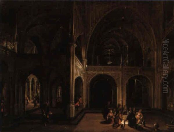 A Courtyard Of A Palace At Night With Revellers Feasting By Candlelight Oil Painting by Peeter Neeffs the Younger