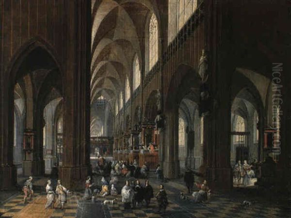 Worshippers In The Aisle Of Antwerp Cathedral Oil Painting by Peeter Neeffs the Younger