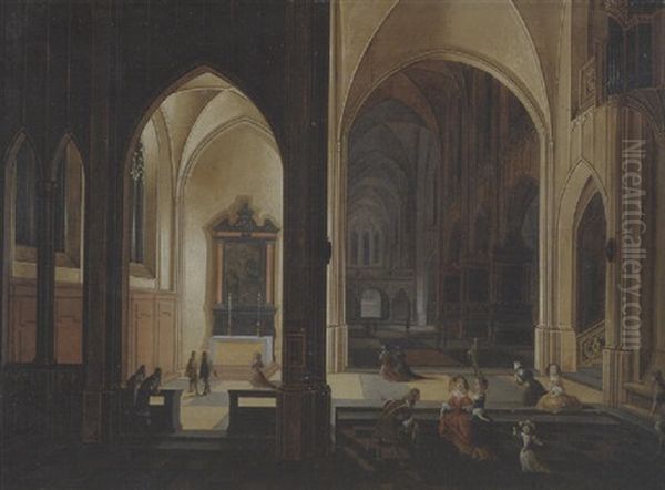 The Interior Of A Gothic Cathedral By Candlelight, With Elegant Company By A Side Altar Oil Painting by Lodowyk Neeffs