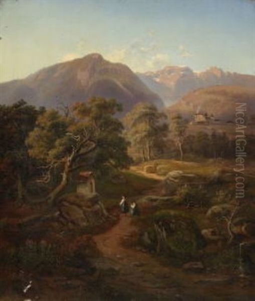 Tiroler Gebirgslandschaft. Auf Dem Weg Vorne Zwei Frauen An Einem Bildstock, Im Hintergrund Ein Schloss Oil Painting by Ludwig Neelmeyer