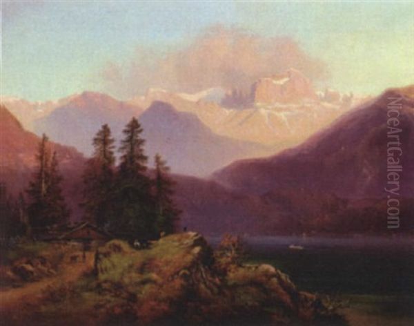 Alpine Lake With Chalet And Farmer Tending Goats Oil Painting by Ludwig Neelmeyer