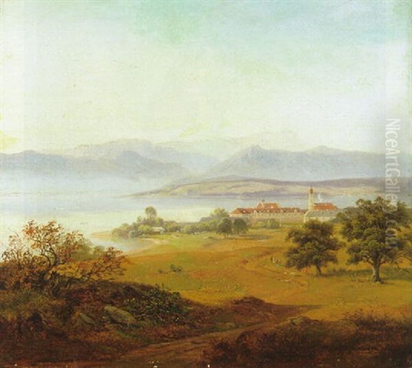 Blick Uber Weite Wiesen Auf Kloster Schledorf Am Kochelsee Oil Painting by Ludwig Neelmeyer