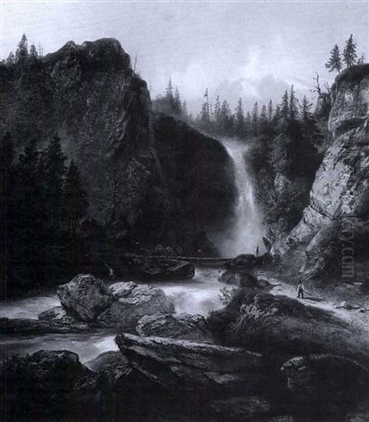 Figures By A Waterfall Oil Painting by Ludwig Neelmeyer