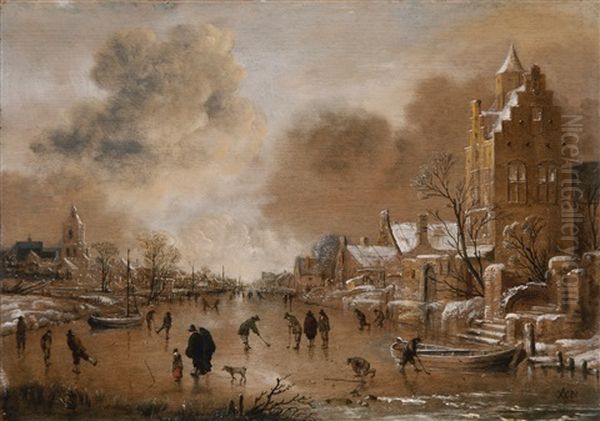 A Frozen Canal With Kolf Players And Buildings On Both Banks Oil Painting by Aert van der Neer