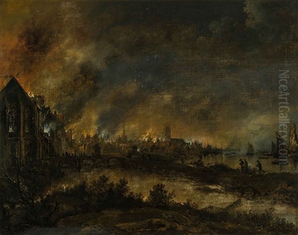 Nachtliche Feuersbrunst Am Kanal Oil Painting by Aert van der Neer