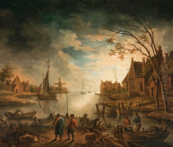 River At Nightfall Oil Painting by Aert van der Neer