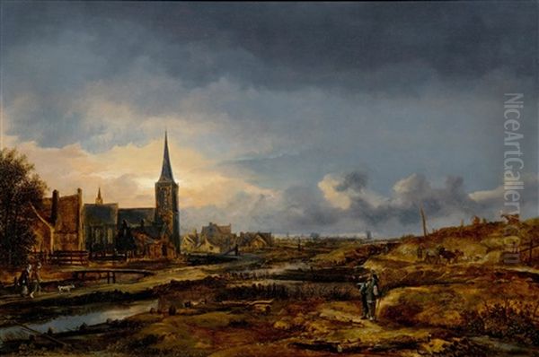 Landscape With River In The Moonlight With A Village And Church Oil Painting by Aert van der Neer