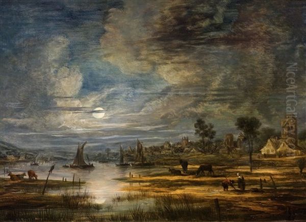 Landscape In The Moonlight Oil Painting by Aert van der Neer