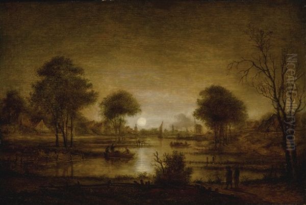 Moonlit River Landscape With Farms To The Left, Bare Trees To The Right, A Bank In The Foreground With Two Figures, And A Windmill In The Center Background Oil Painting by Aert van der Neer