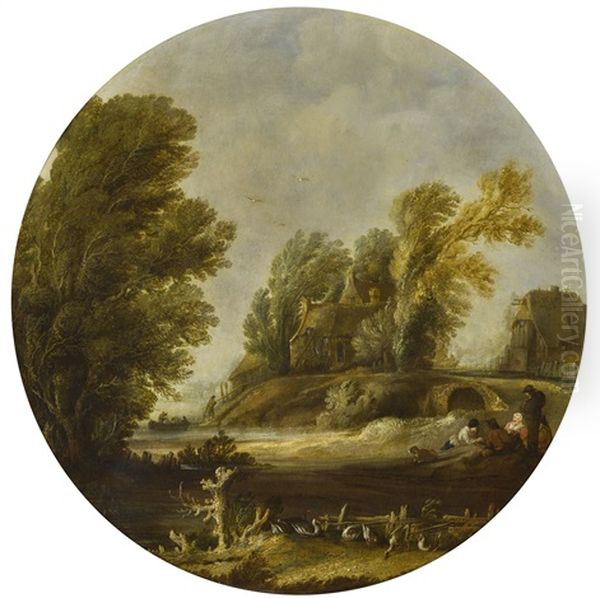 Landscape With Figures On The Banks Of A River Oil Painting by Aert van der Neer