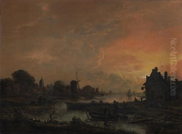 An Evening Landscape With Fishermen In The Foreground Oil Painting by Aert van der Neer